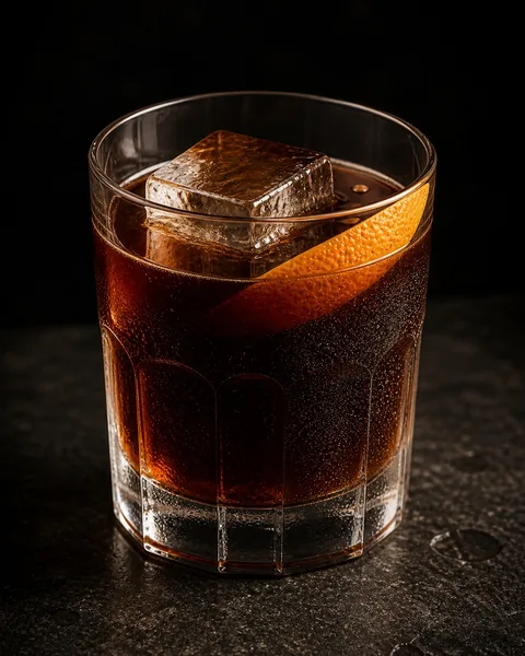 Rocks glass of dark coffee and rum over a single large ice cube with an orange peel