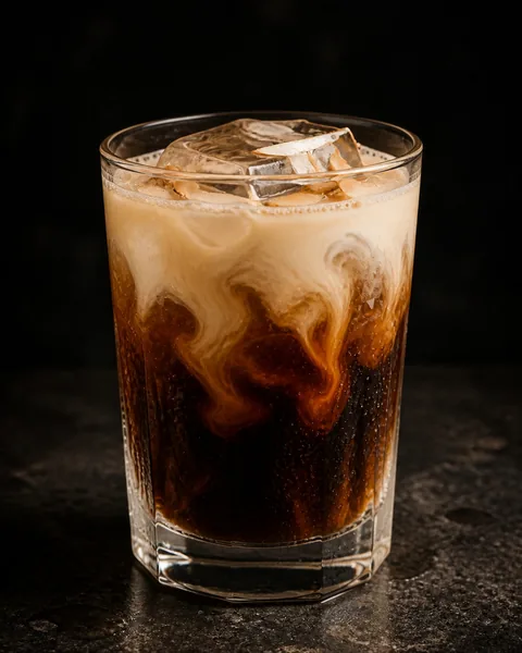 Rocks glass of coffee cocktail with coconut cream swirling through dark coffee