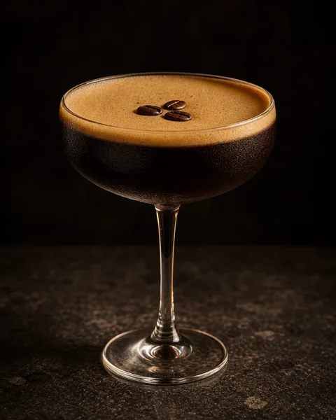 Coupe glass of coffee martini with a thick crema head and three coffee beans